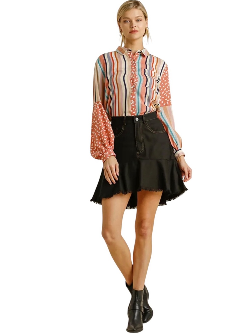 NEW Umgee Black High Low Lightweight Frayed Hem Linen Blend Mini Skirt